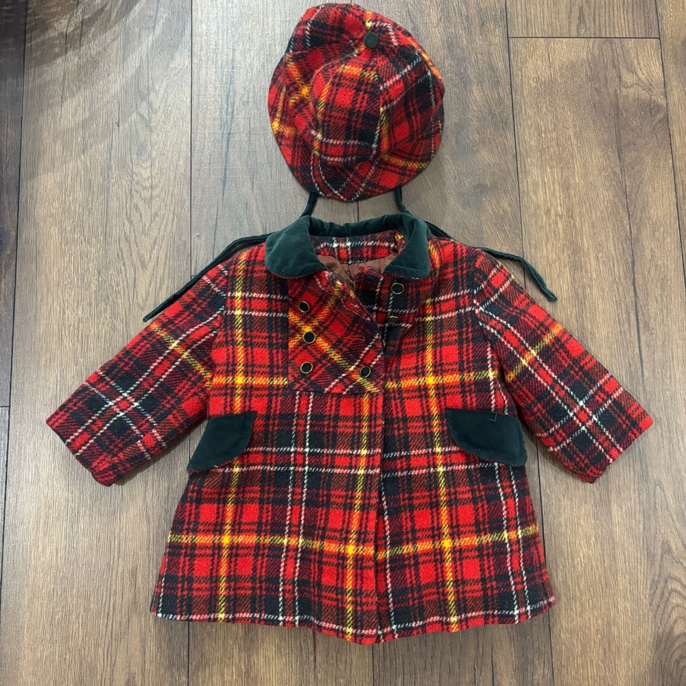 Vintage Rothschild Red Plaid Coat and Matching Hat, Size 3T